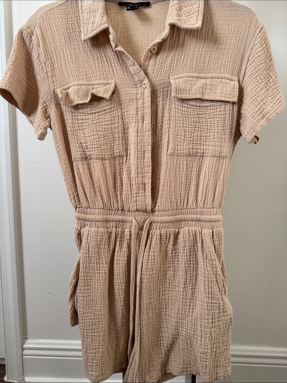 Forever 21 Beige Gauze Short-Sleeve Romper with Waist Tie